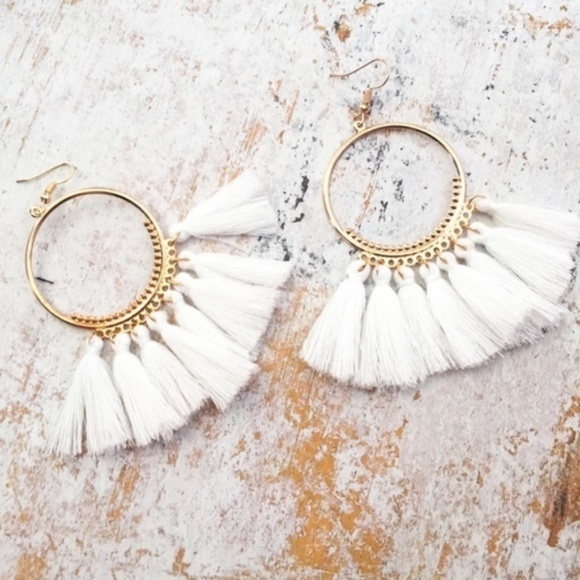 Bohemian Vibes Gold Hoop Fringe Tassel Earrings - Picture 1 of 4